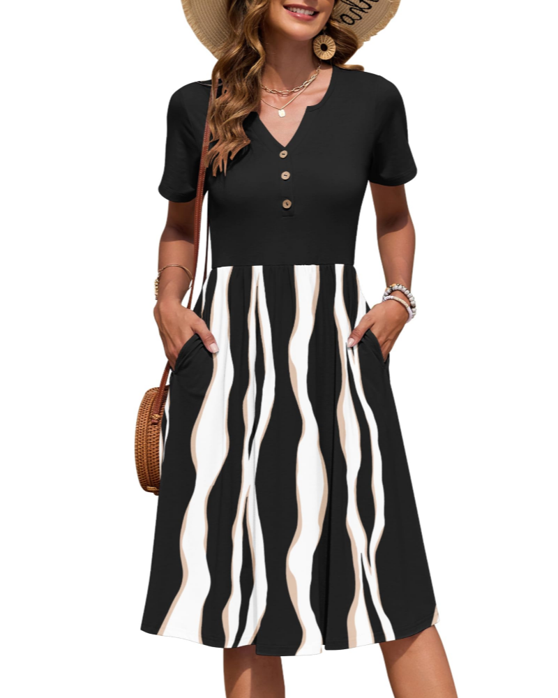 Vestito Donna Ester – Abito Estivo Midi con Scollo a V, Maniche Corte, Bottoni, Vita Impero, Tasche