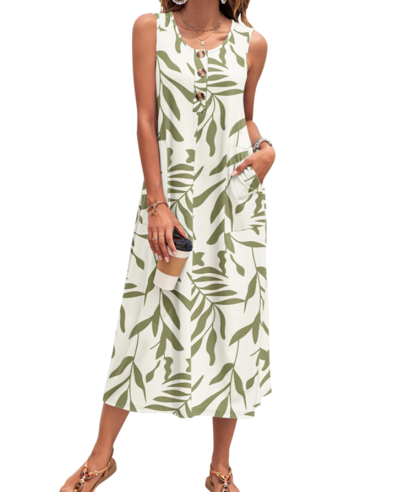Vestido Julia Mulher – Vestido Maxi A-Line Sem Mangas Com Botões E Bolsos Verão Casual