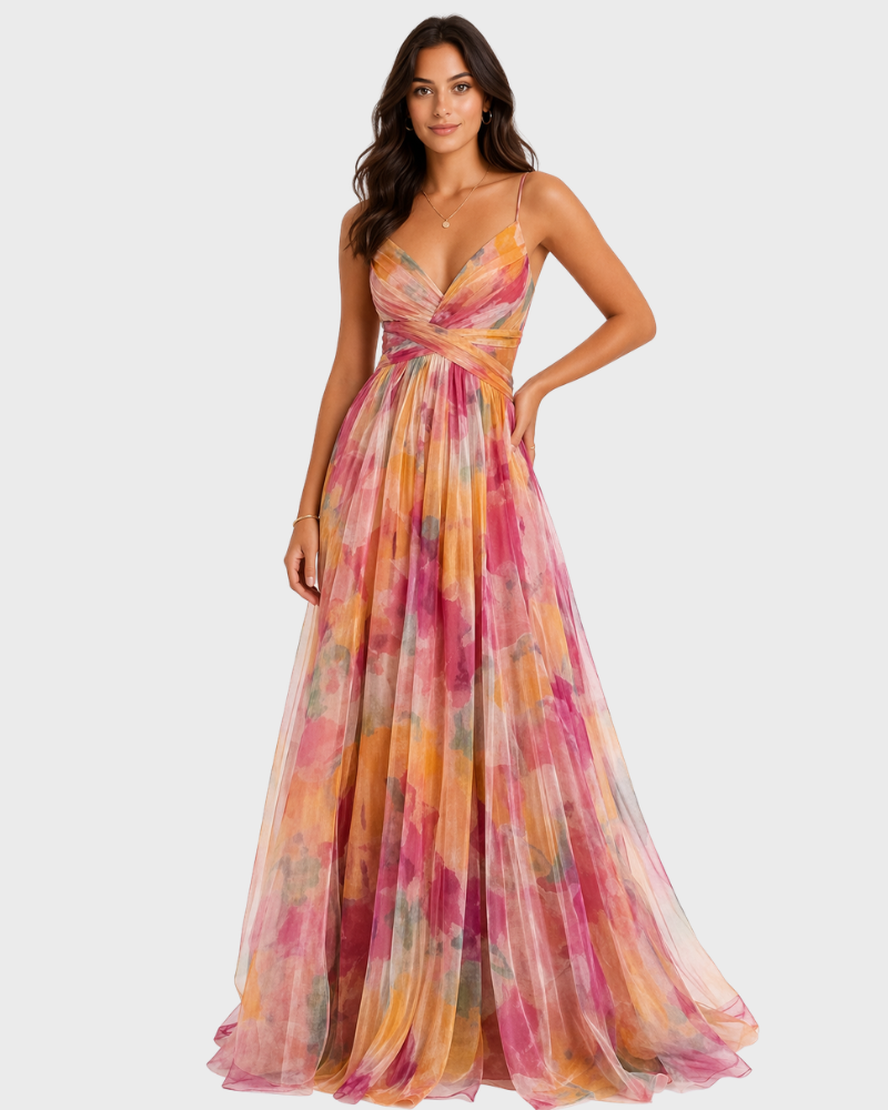 Jerline Damen-Maxikleid – Blumenmuster, Feine Träger & Eleganter Fließender Schnitt