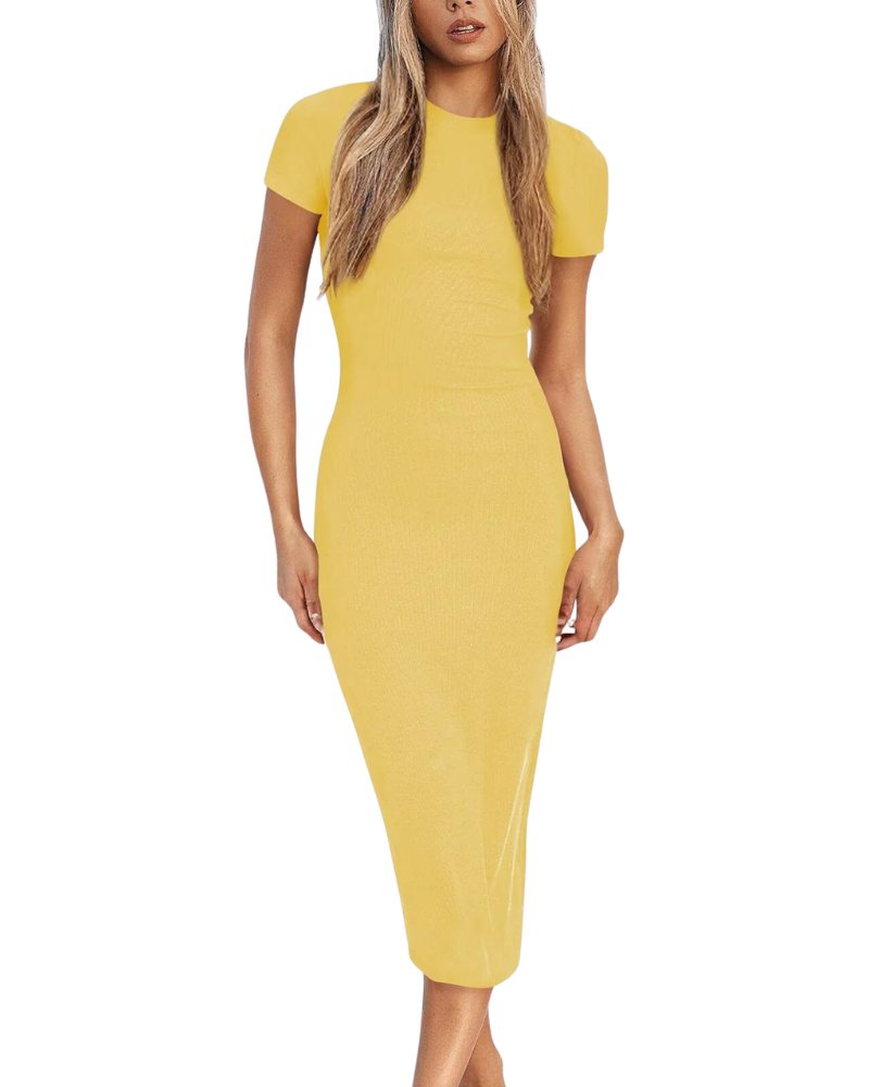Brena Damekjole – Bodycon Midi Rund Hals, Korte Ærmer & Elegant Figurformet Snit
