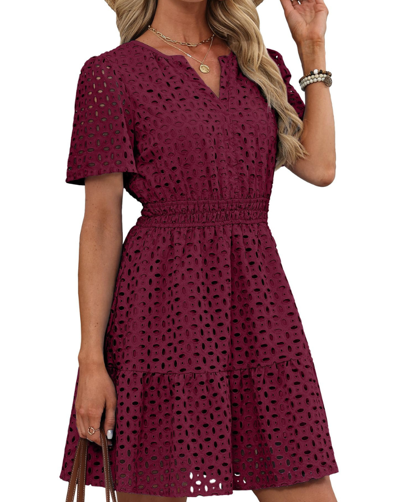 Bata Hedwig para Mujer – Escote en V con Encaje Bordado, Mangas Cortas y Corte Mini de Cintura Alta para Verano