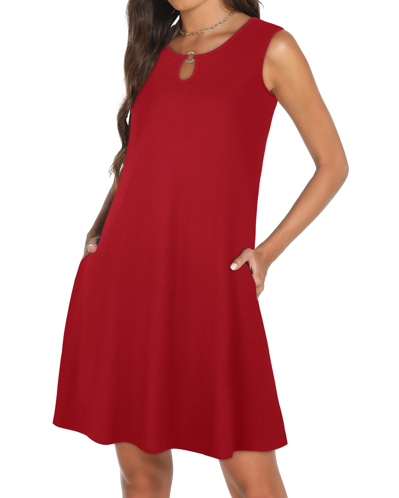 Vestido Mia Mulher – Vestido Mini com Gola em Abertura, Sem Mangas, Fluido com Bolsos, Verão Casual