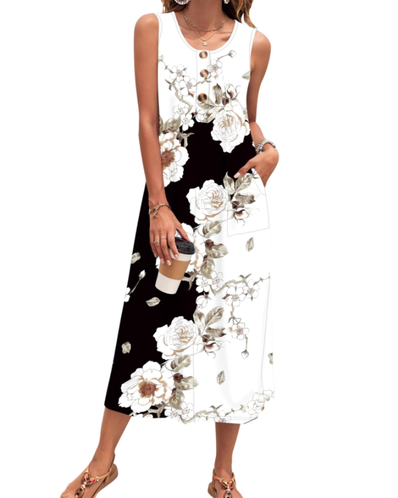 Vestido Julia Mulher – Vestido Maxi A-Line Sem Mangas Com Botões E Bolsos Verão Casual