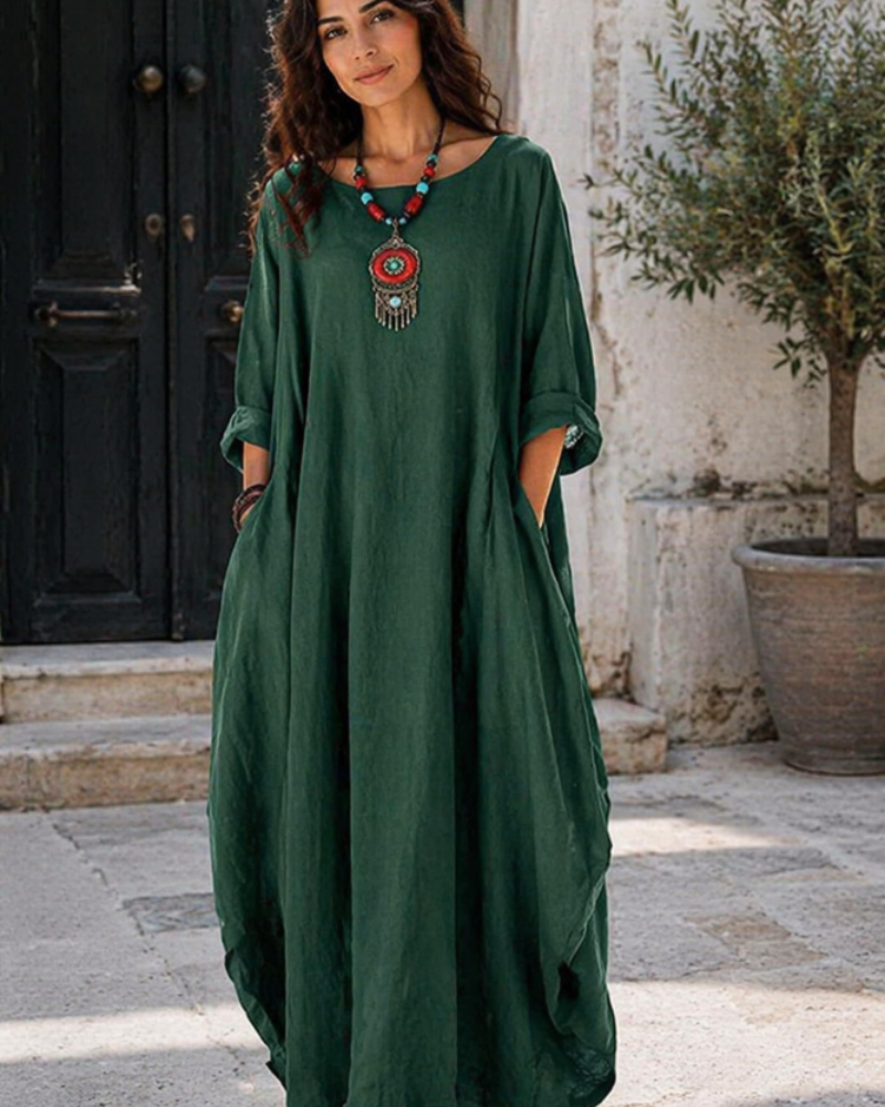 Sandy Robe Longue Femme – Robe Maxi Coton-Lin Coupe Ample Col Rond Manches 3/4 Élégante