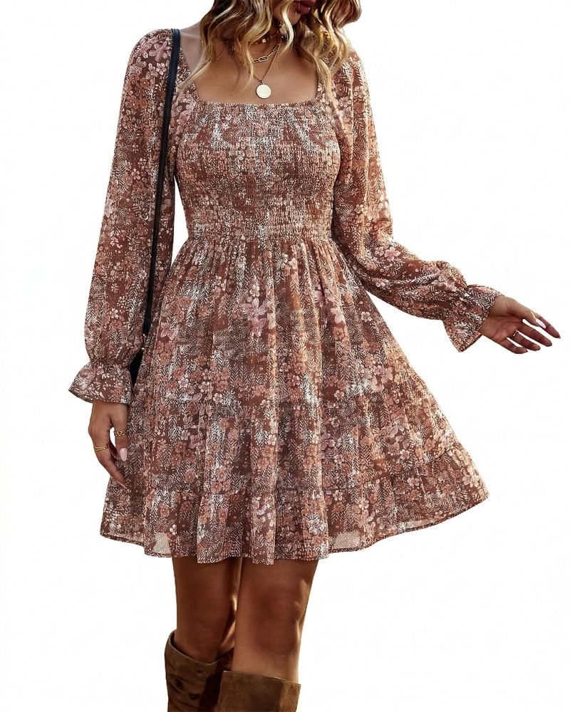 Vestido Léa para mujer – Vestido bohemio mini con cuello cuadrado, fruncido, talle alto, mangas largas y volantes