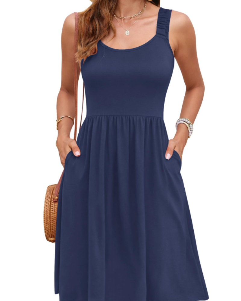 Susana zomerjurk dames – mouwloze jurk met getailleerde taille, vierkante hals & A-lijn
