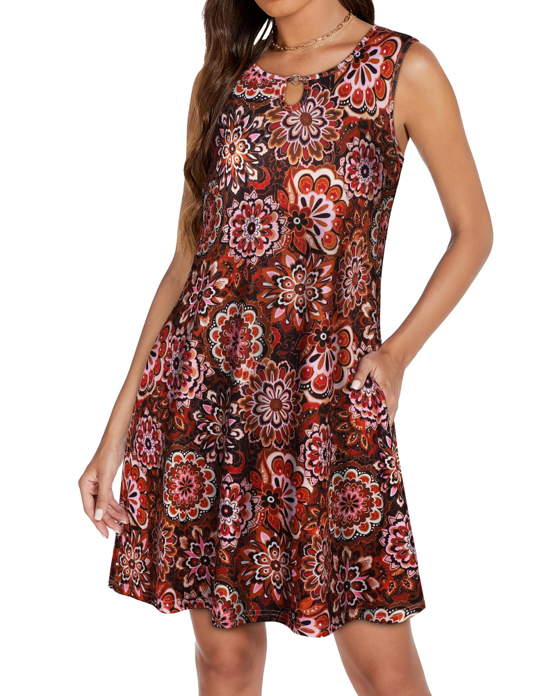 Vestido Mia Mulher – Vestido Mini com Gola em Abertura, Sem Mangas, Fluido com Bolsos, Verão Casual