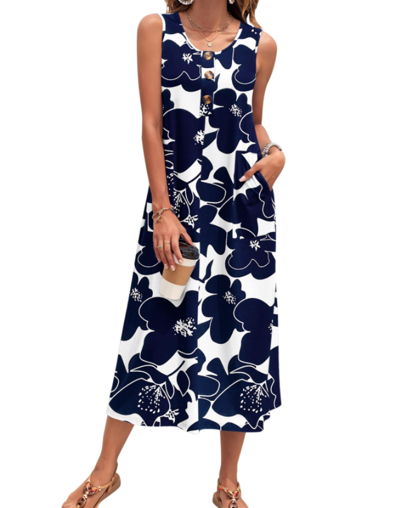 Vestido Julia Mulher – Vestido Maxi A-Line Sem Mangas Com Botões E Bolsos Verão Casual