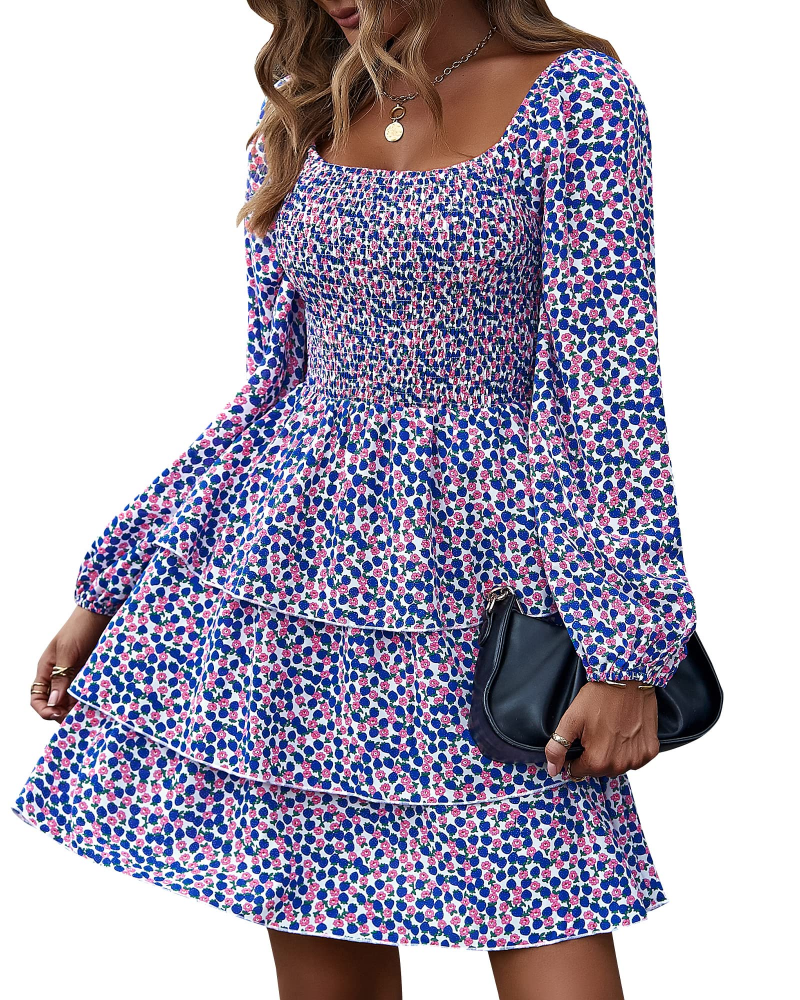 Vestido Léa para mujer – Vestido bohemio mini con cuello cuadrado, fruncido, talle alto, mangas largas y volantes