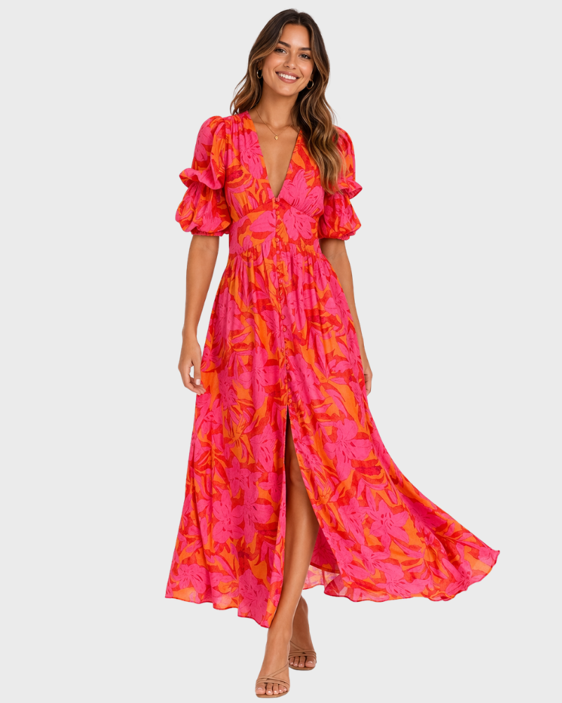 Samantha Summer Dress for Women – V-Neck, Puff Sleeves & Elegant Flowing Fit