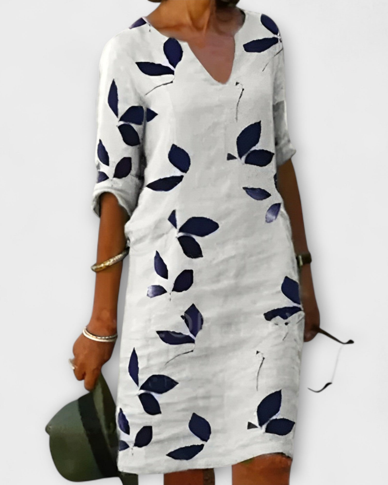 Abiti Donna Eleganti – Abito Fluido con Stampa Foglie, Taglio Slanciato e Confortevole