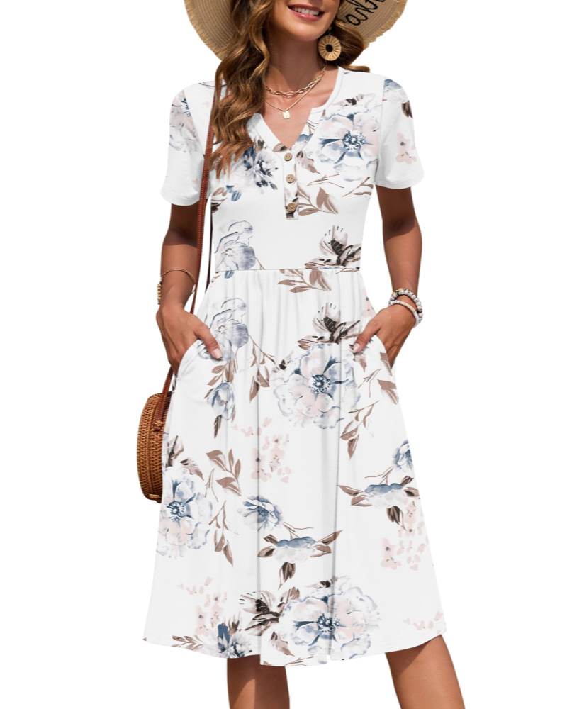 Vestito Donna Ester – Abito Estivo Midi con Scollo a V, Maniche Corte, Bottoni, Vita Impero, Tasche
