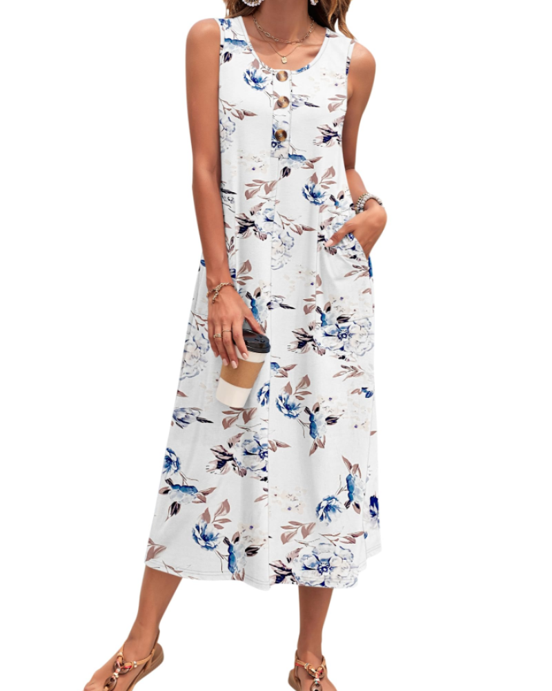 Vestido Julia Mulher – Vestido Maxi A-Line Sem Mangas Com Botões E Bolsos Verão Casual