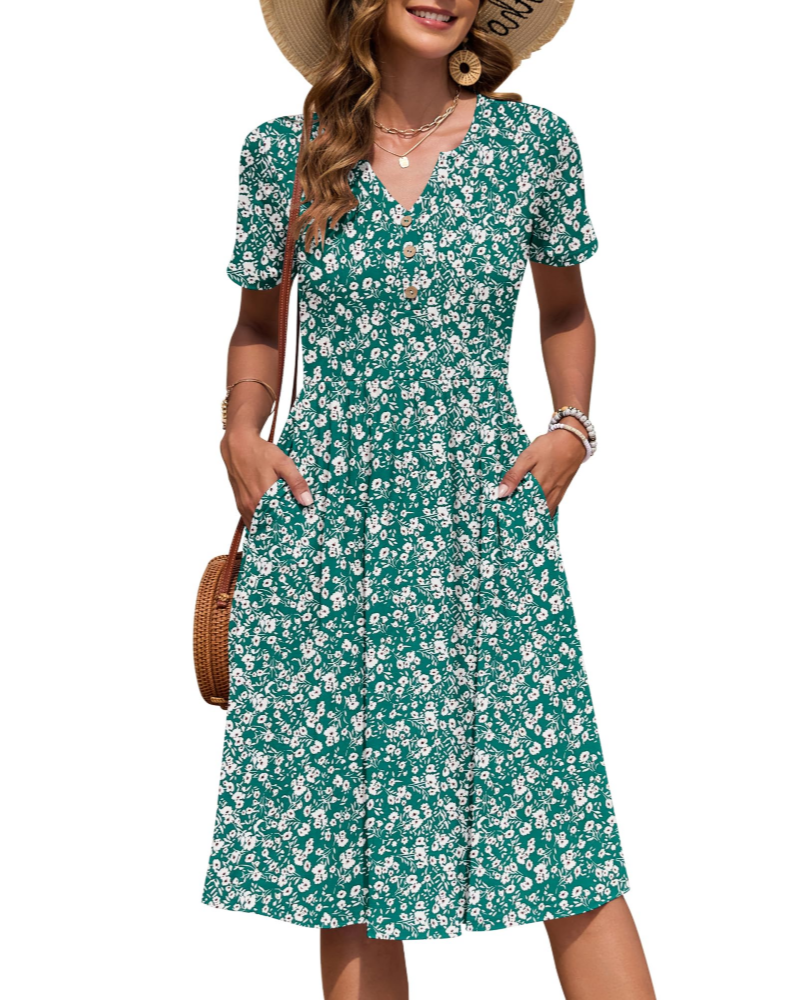 Vestito Donna Ester – Abito Estivo Midi con Scollo a V, Maniche Corte, Bottoni, Vita Impero, Tasche
