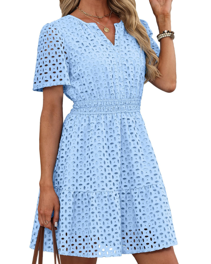 Bata Hedwig para Mujer – Escote en V con Encaje Bordado, Mangas Cortas y Corte Mini de Cintura Alta para Verano