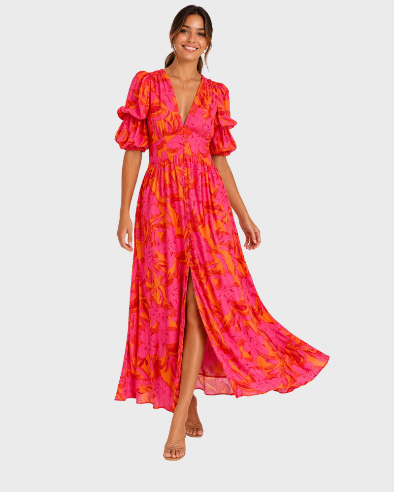 Samantha Summer Dress for Women – V-Neck, Puff Sleeves & Elegant Flowing Fit
