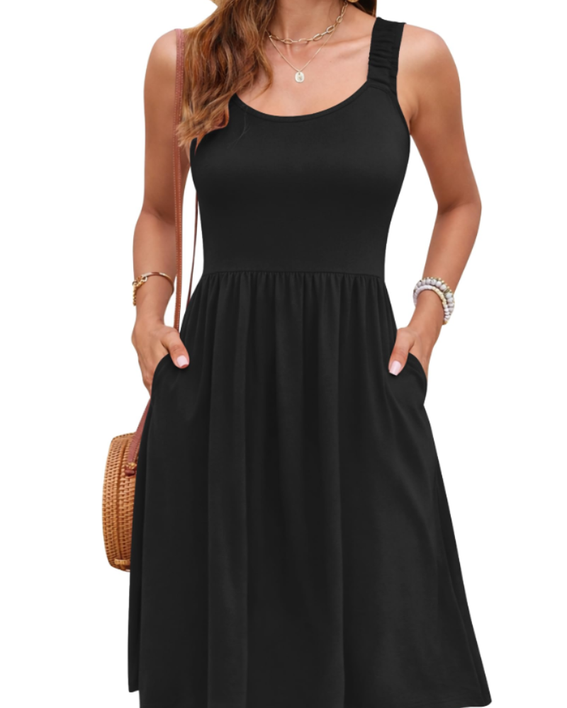 Susana zomerjurk dames – mouwloze jurk met getailleerde taille, vierkante hals & A-lijn