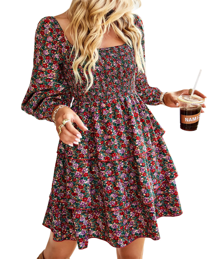 Vestido Léa para mujer – Vestido bohemio mini con cuello cuadrado, fruncido, talle alto, mangas largas y volantes