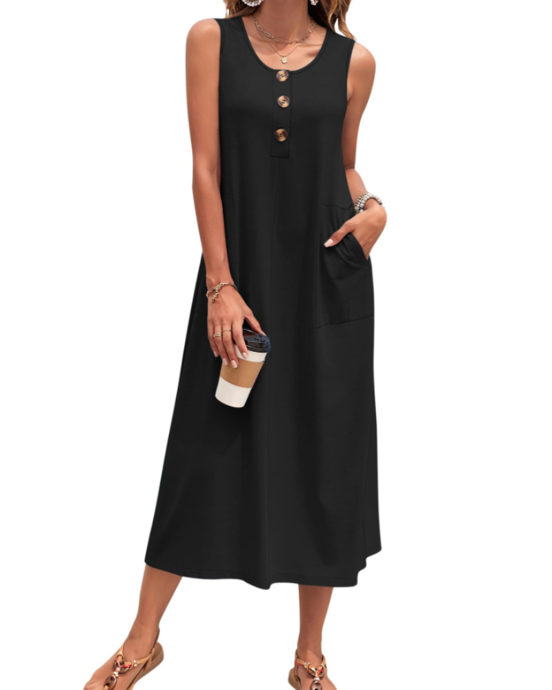 Vestido Julia Mulher – Vestido Maxi A-Line Sem Mangas Com Botões E Bolsos Verão Casual