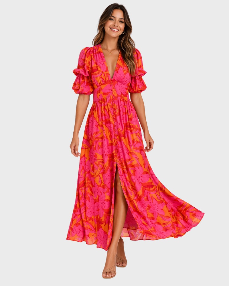 Samantha Summer Dress for Women – V-Neck, Puff Sleeves & Elegant Flowing Fit