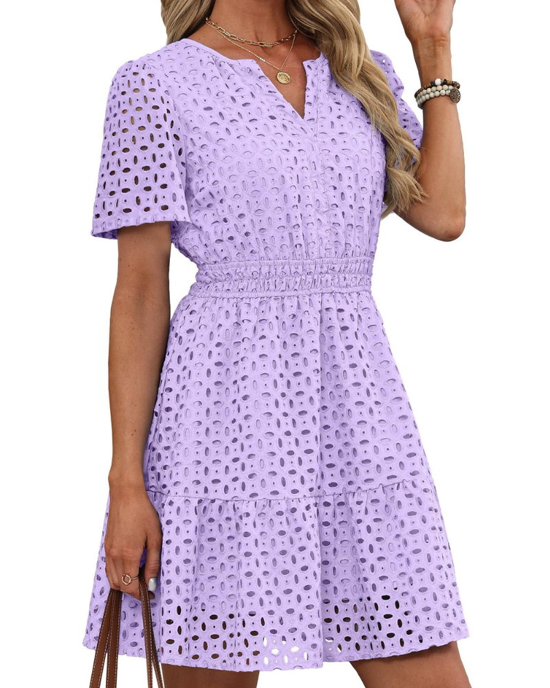 Bata Hedwig para Mujer – Escote en V con Encaje Bordado, Mangas Cortas y Corte Mini de Cintura Alta para Verano