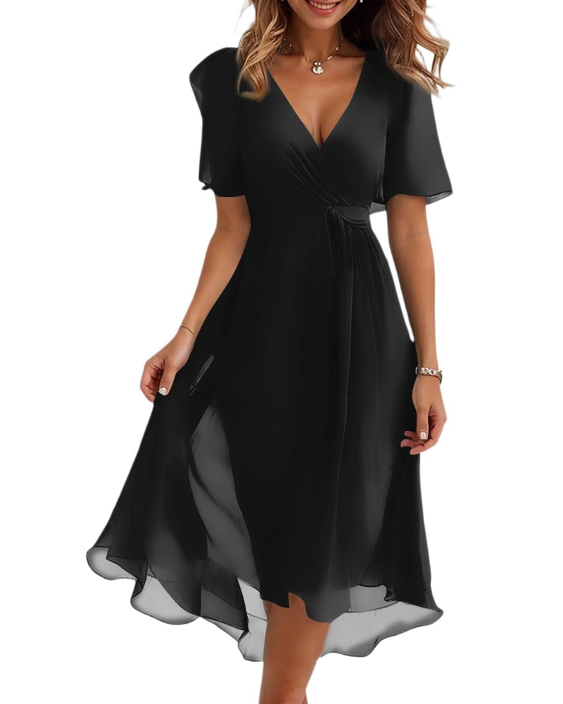 Evelyn Robe Midi Fleurie Femme – Robe Portefeuille Col V avec Ceinture Ajustable