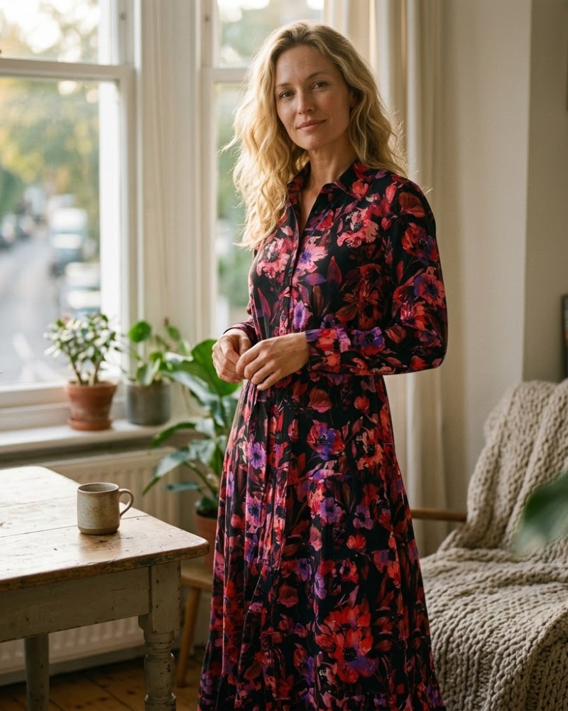 Chloé Rochie Cămașă Maxi Florală – Rochie Lungă cu Guler Cămașă și Mâneci Lungi Elegantă