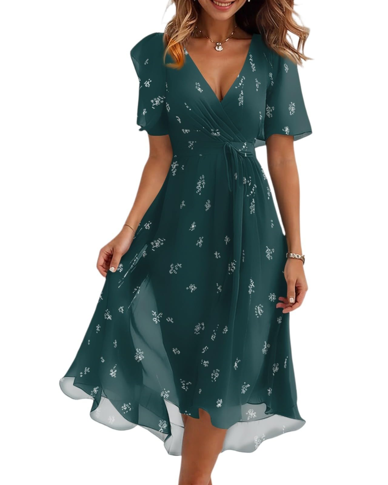 Evelyn Robe Midi Fleurie Femme – Robe Portefeuille Col V avec Ceinture Ajustable