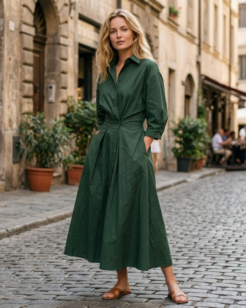 Sophie košeľové maxi šaty – dlhé košeľové šaty s elastickým pásom, elegantné dámske