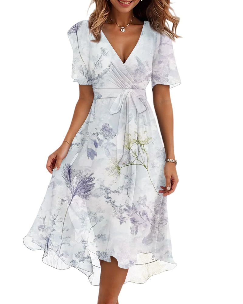 Evelyn Robe Midi Fleurie Femme – Robe Portefeuille Col V avec Ceinture Ajustable