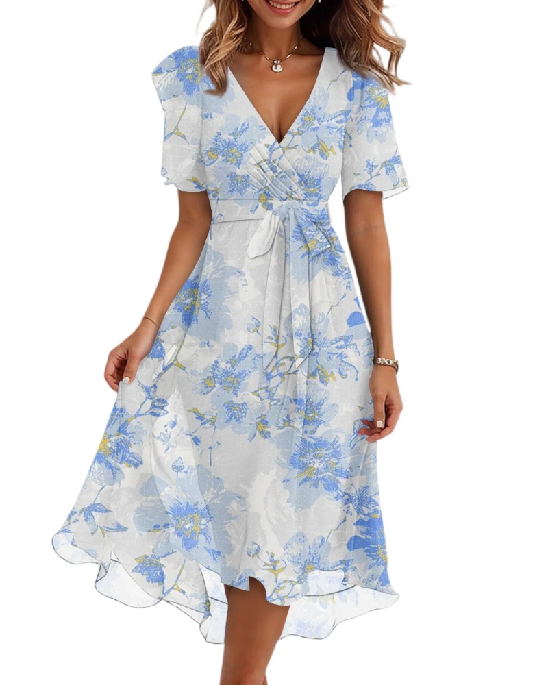 Evelyn Robe Midi Fleurie Femme – Robe Portefeuille Col V avec Ceinture Ajustable