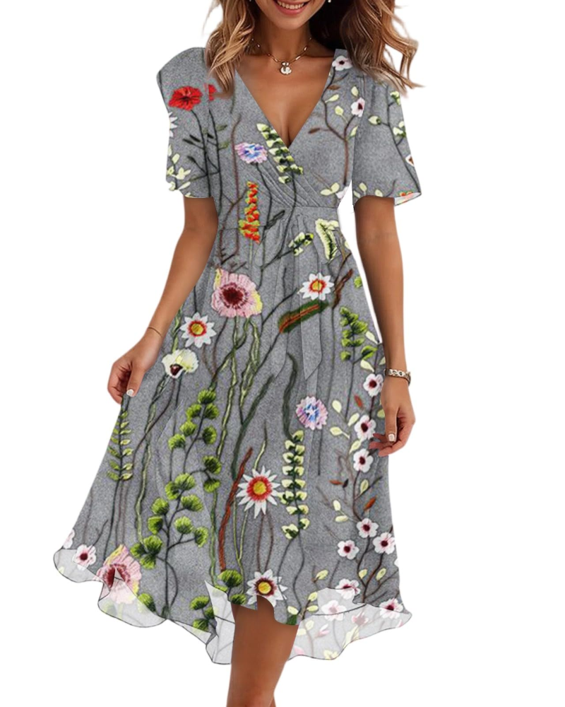 Evelyn Robe Midi Fleurie Femme – Robe Portefeuille Col V avec Ceinture Ajustable