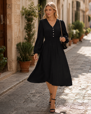 Vestido Emma para mujer midi – vestido elegante con cuello en V, mangas largas, talle alto y corte en línea A