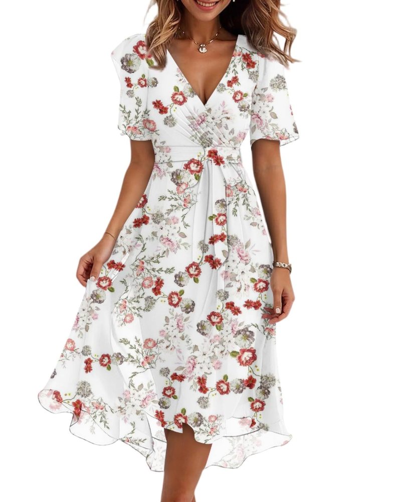 Evelyn Robe Midi Fleurie Femme – Robe Portefeuille Col V avec Ceinture Ajustable