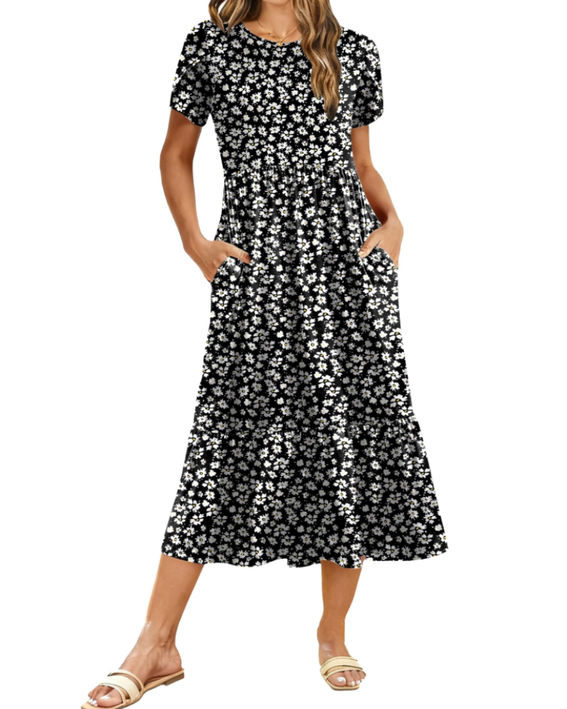 Vestido Midi Naomi Fleurie para Mujer – Vestido de Verano Trapecio con Volantes y Bolsillos