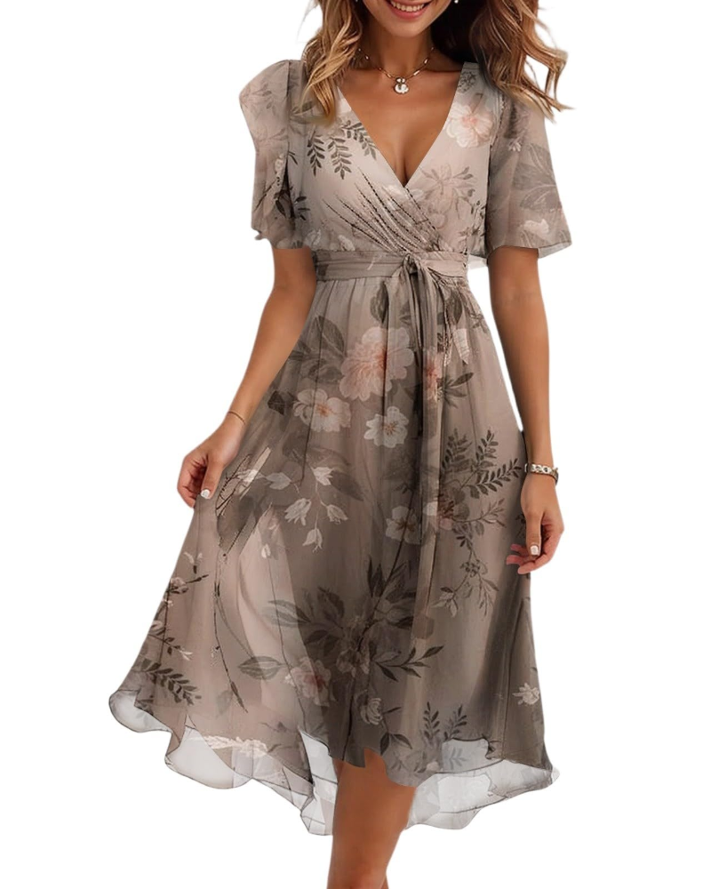 Evelyn Robe Midi Fleurie Femme – Robe Portefeuille Col V avec Ceinture Ajustable