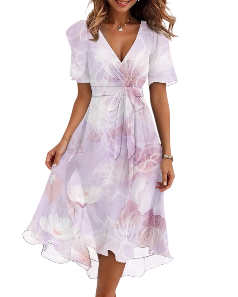 Evelyn Robe Midi Fleurie Femme – Robe Portefeuille Col V avec Ceinture Ajustable