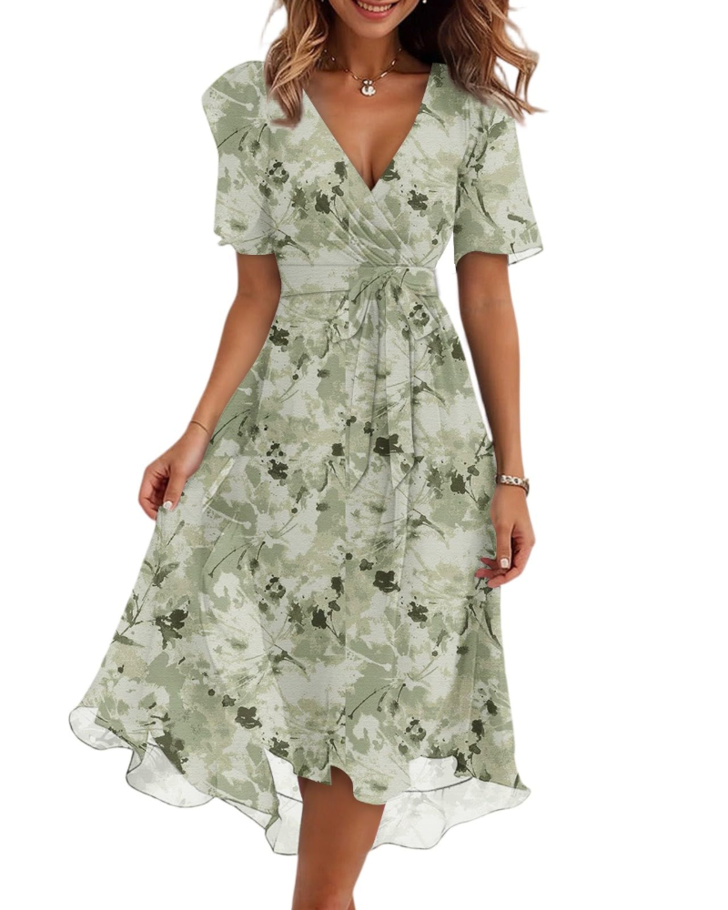 Evelyn Robe Midi Fleurie Femme – Robe Portefeuille Col V avec Ceinture Ajustable