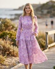 Élise Maxikleid Geblümt – Elegantes Chiffon Kleid Langarm Damen