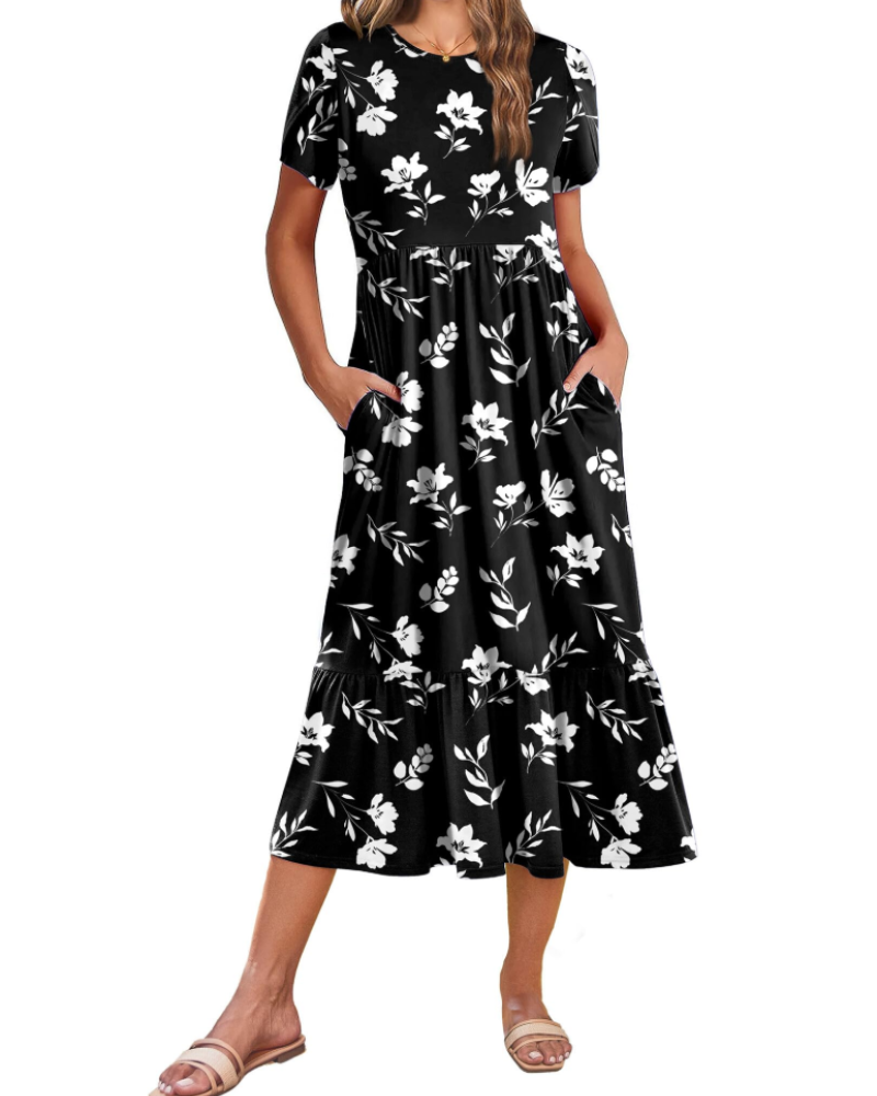 Vestido Midi Naomi Fleurie para Mujer – Vestido de Verano Trapecio con Volantes y Bolsillos