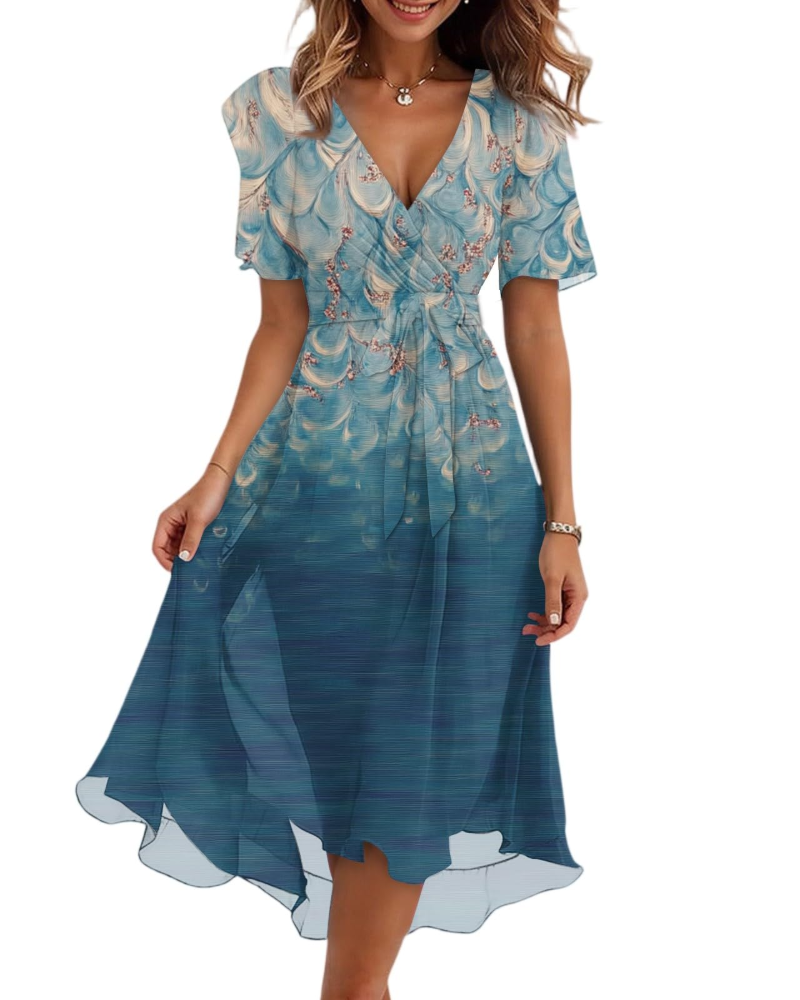 Evelyn Robe Midi Fleurie Femme – Robe Portefeuille Col V avec Ceinture Ajustable