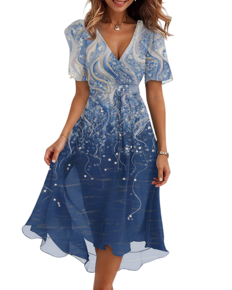 Evelyn Robe Midi Fleurie Femme – Robe Portefeuille Col V avec Ceinture Ajustable