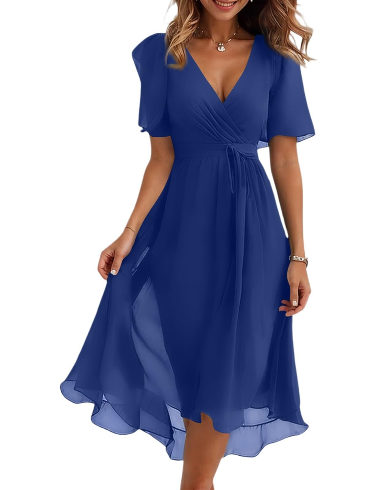 Evelyn Robe Midi Fleurie Femme – Robe Portefeuille Col V avec Ceinture Ajustable