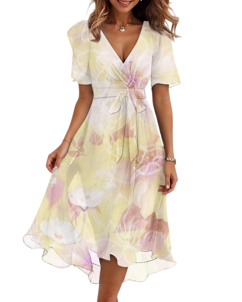 Evelyn Robe Midi Fleurie Femme – Robe Portefeuille Col V avec Ceinture Ajustable