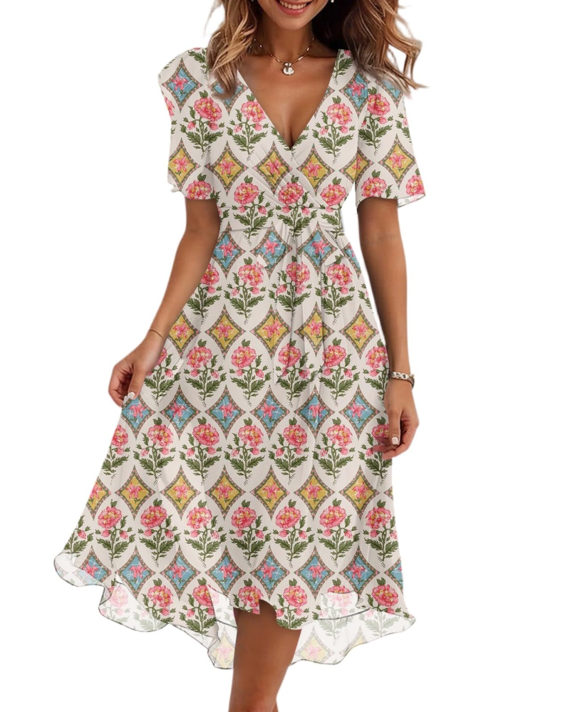 Evelyn Robe Midi Fleurie Femme – Robe Portefeuille Col V avec Ceinture Ajustable