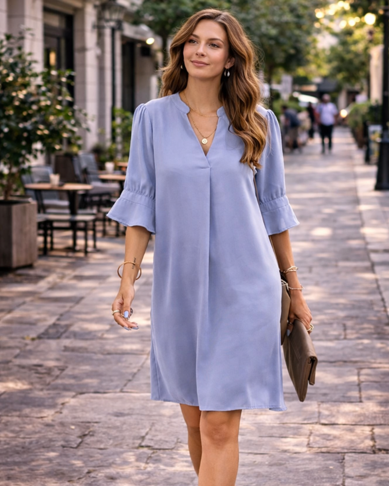 Vestido Bibiana para mujer – Cuello en V, mangas cortas, corte recto, mini fluido liso verano