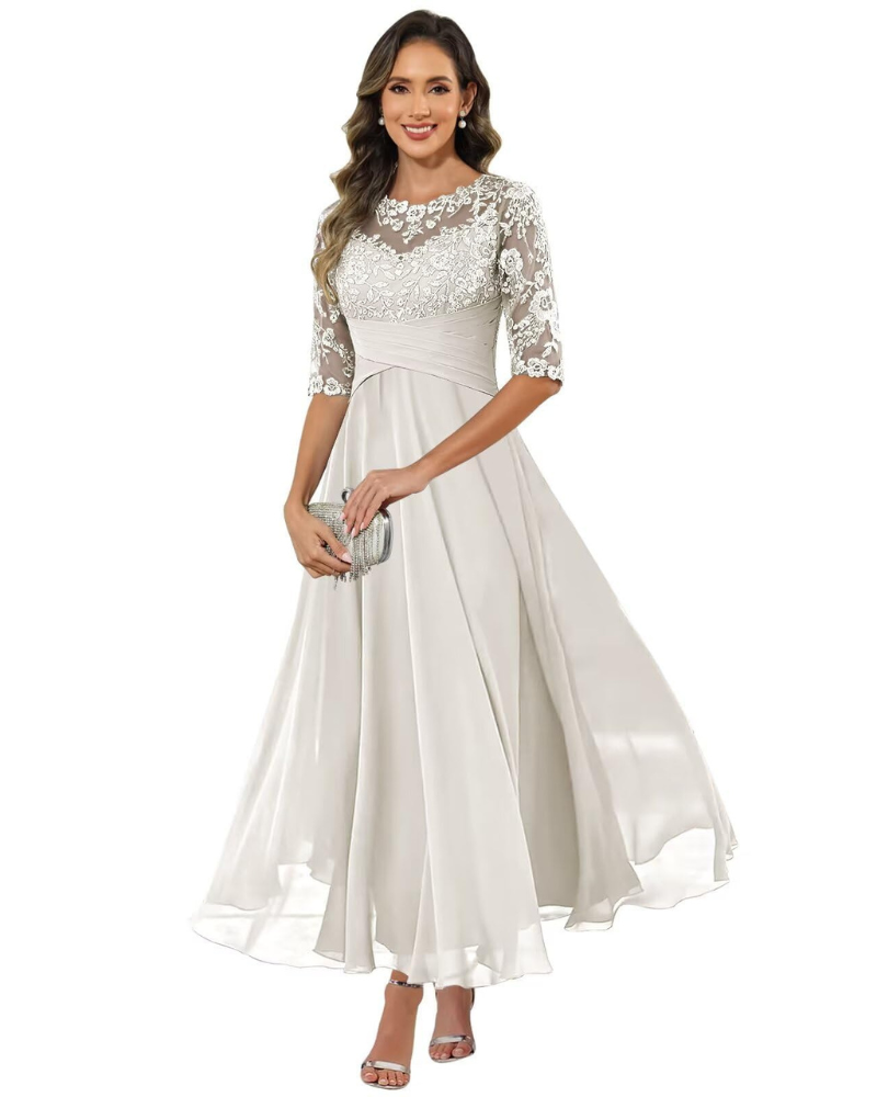 Vestido de Fiesta Olanthe para Mujer – Encaje y Gasa, Mangas 3/4 y Corte A-Line Elegante