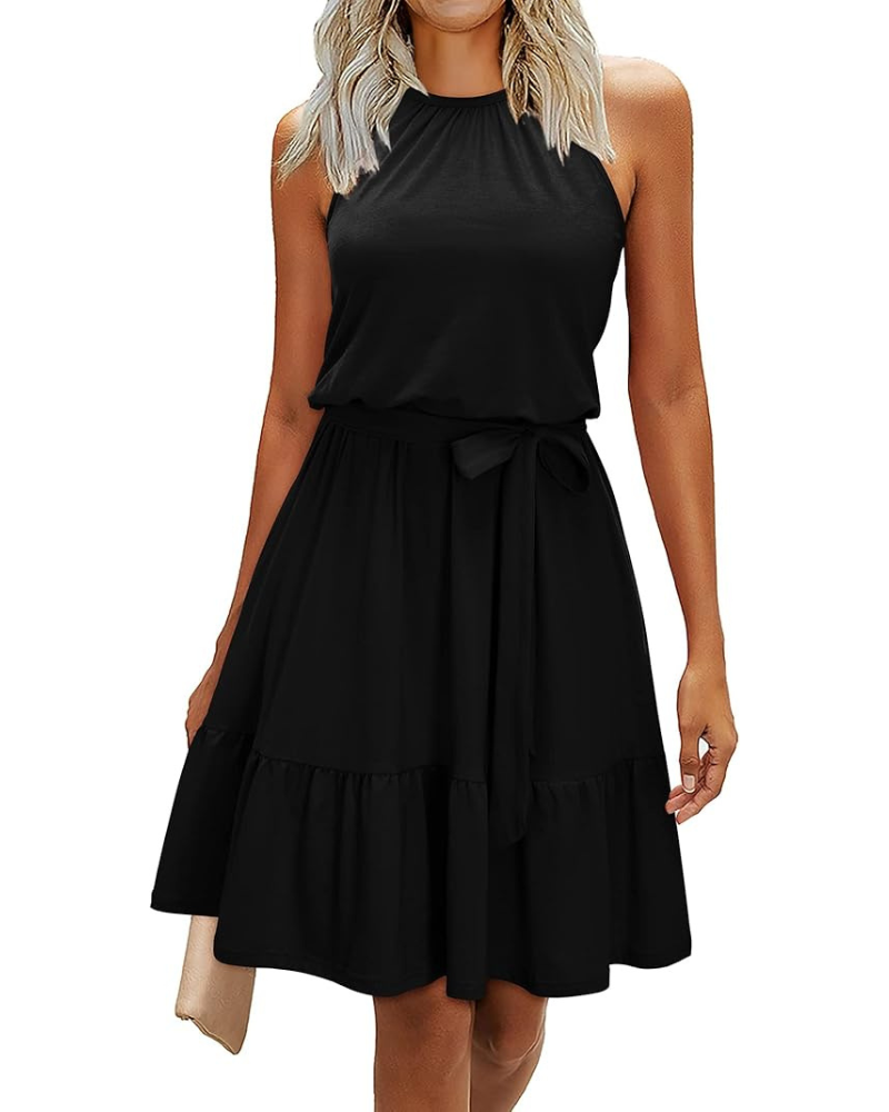 Bloom Damenkleid – Neckholder, Blumenmuster & Taschen, A-Linien-Schnitt Knielang