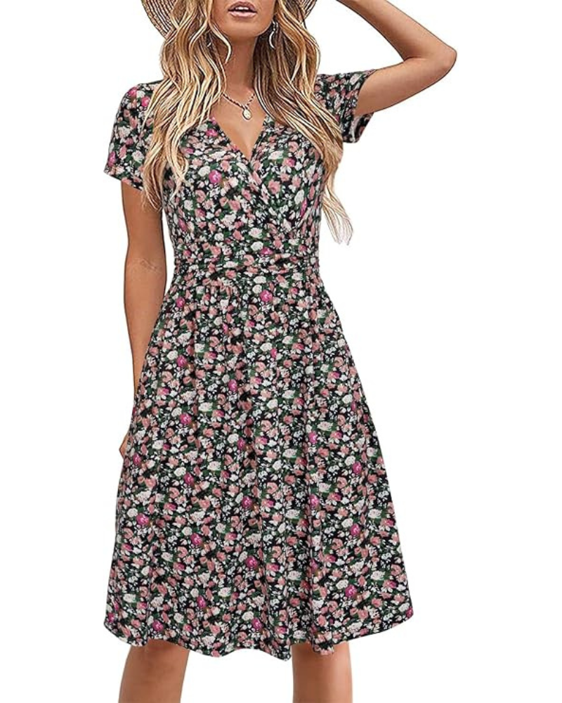 Sukienka Genesis Femme – Kwiatowy Wzór, Kopertowy Dekolt w Serek i Kieszenie, Elegancki Krój A-Line