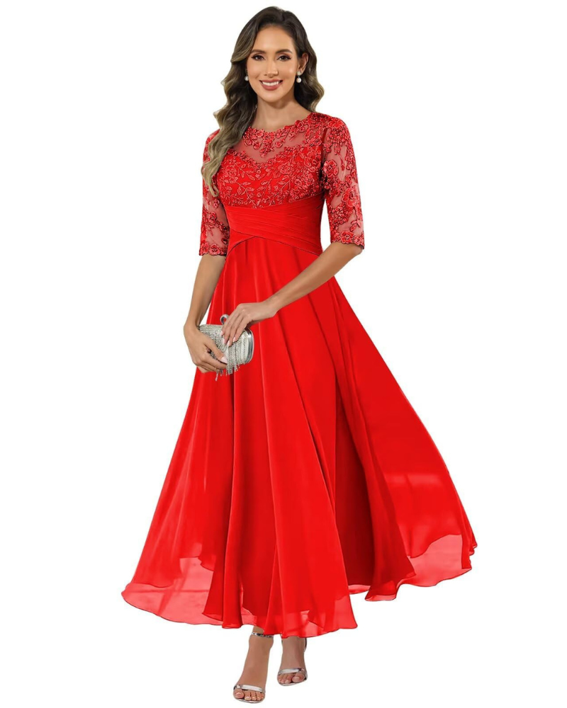 Vestido de Fiesta Olanthe para Mujer – Encaje y Gasa, Mangas 3/4 y Corte A-Line Elegante